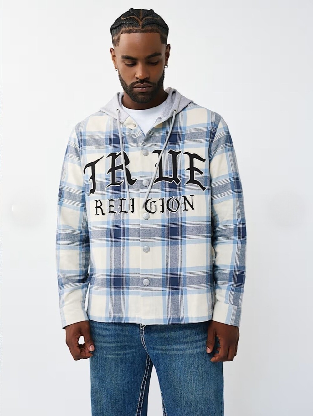 $119 True Religion Mens hooded flannel shirt